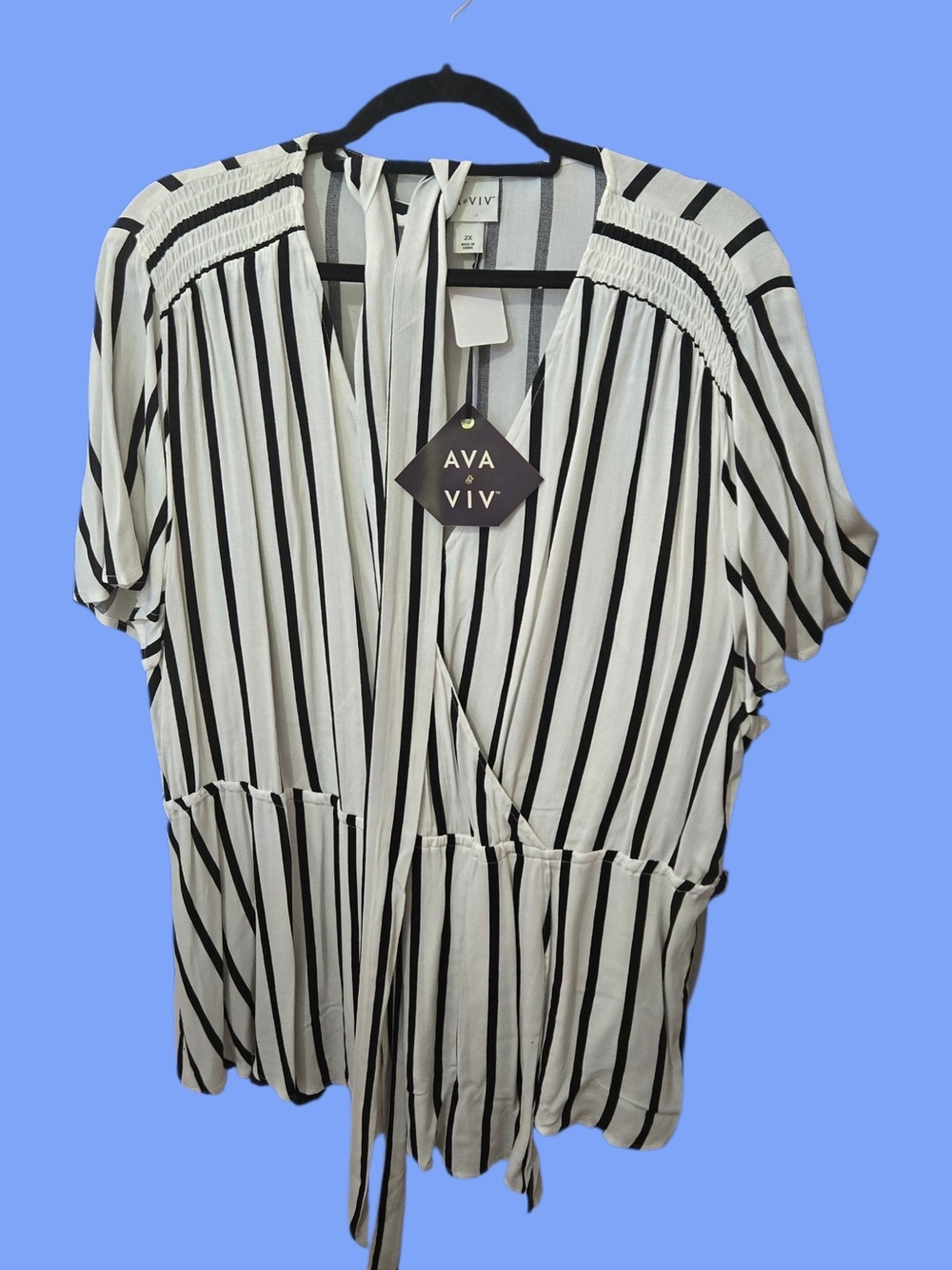 Ava & Viv White and Black Vertical-Stripe V-Neck Tie-Front Blouse